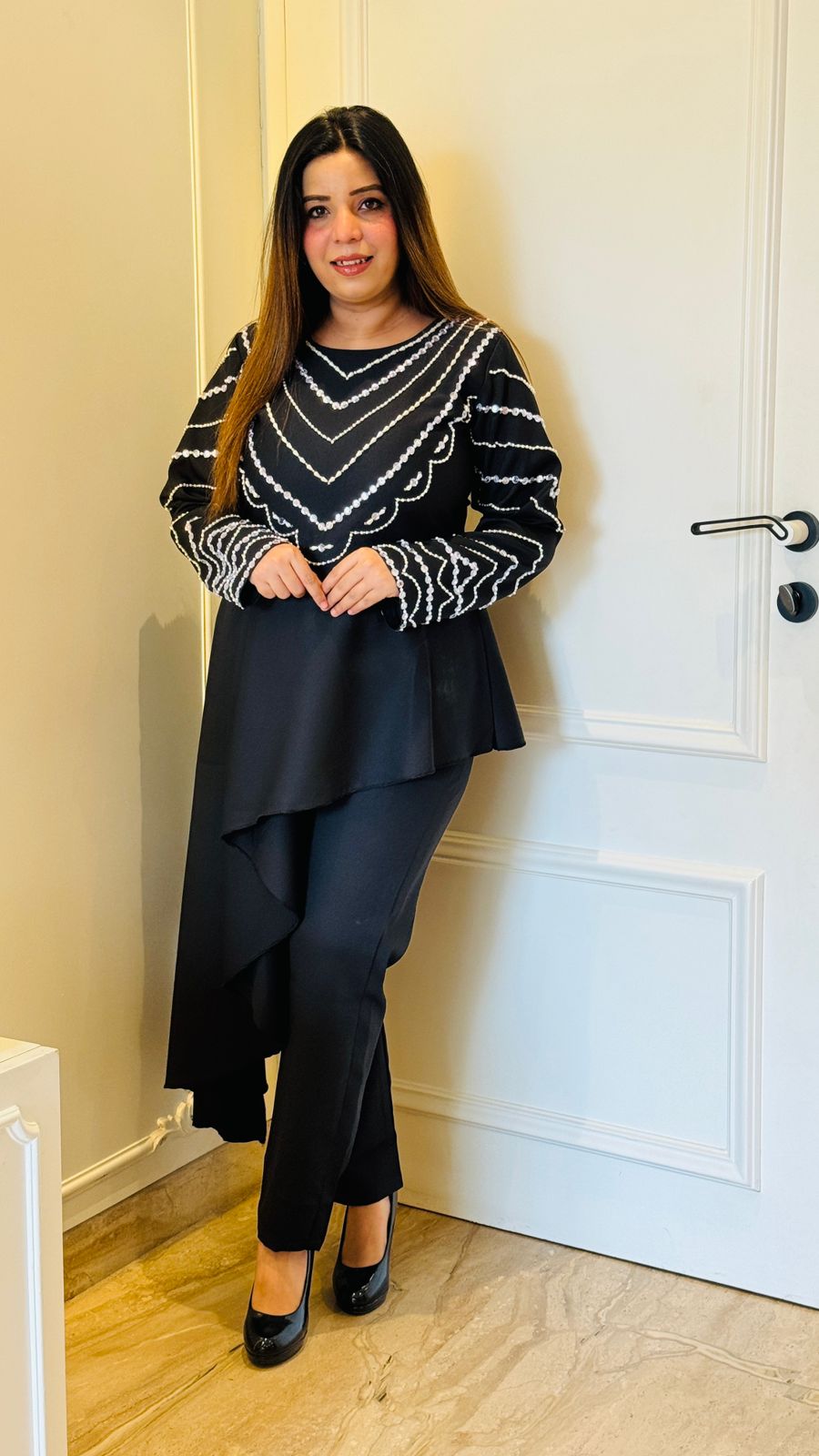 Black Banana Crepe Handwork Cape Set